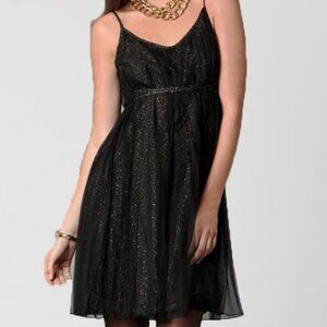 NWT 7 For All Mankind Black Silk Pleated Gold Shimmer Tulle Cocktail Party Dress